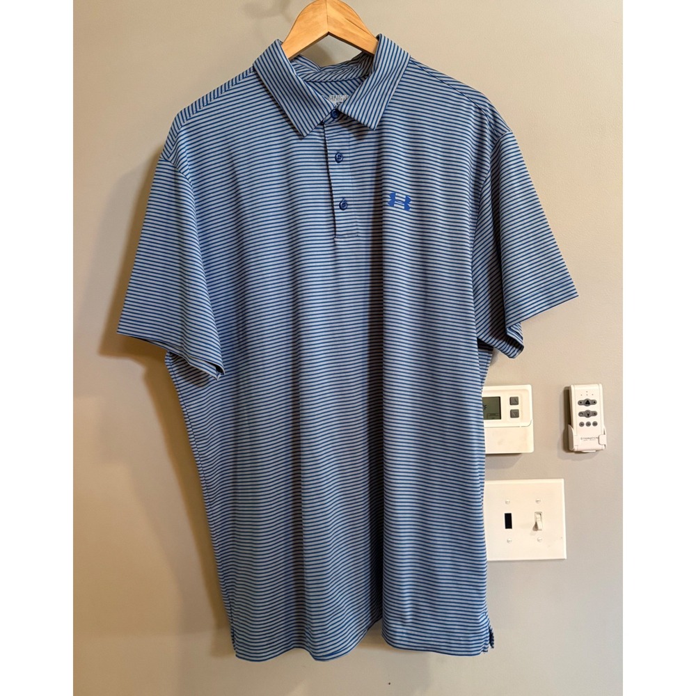 Under Armour Polo Shirt Mens 2XL Blue Striped HeatGear Loose Fit Golf Active